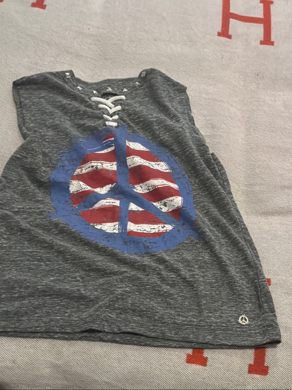 Butter Girls' Gray Lace-Up Tank with Red, White & Blue Peace Graphic